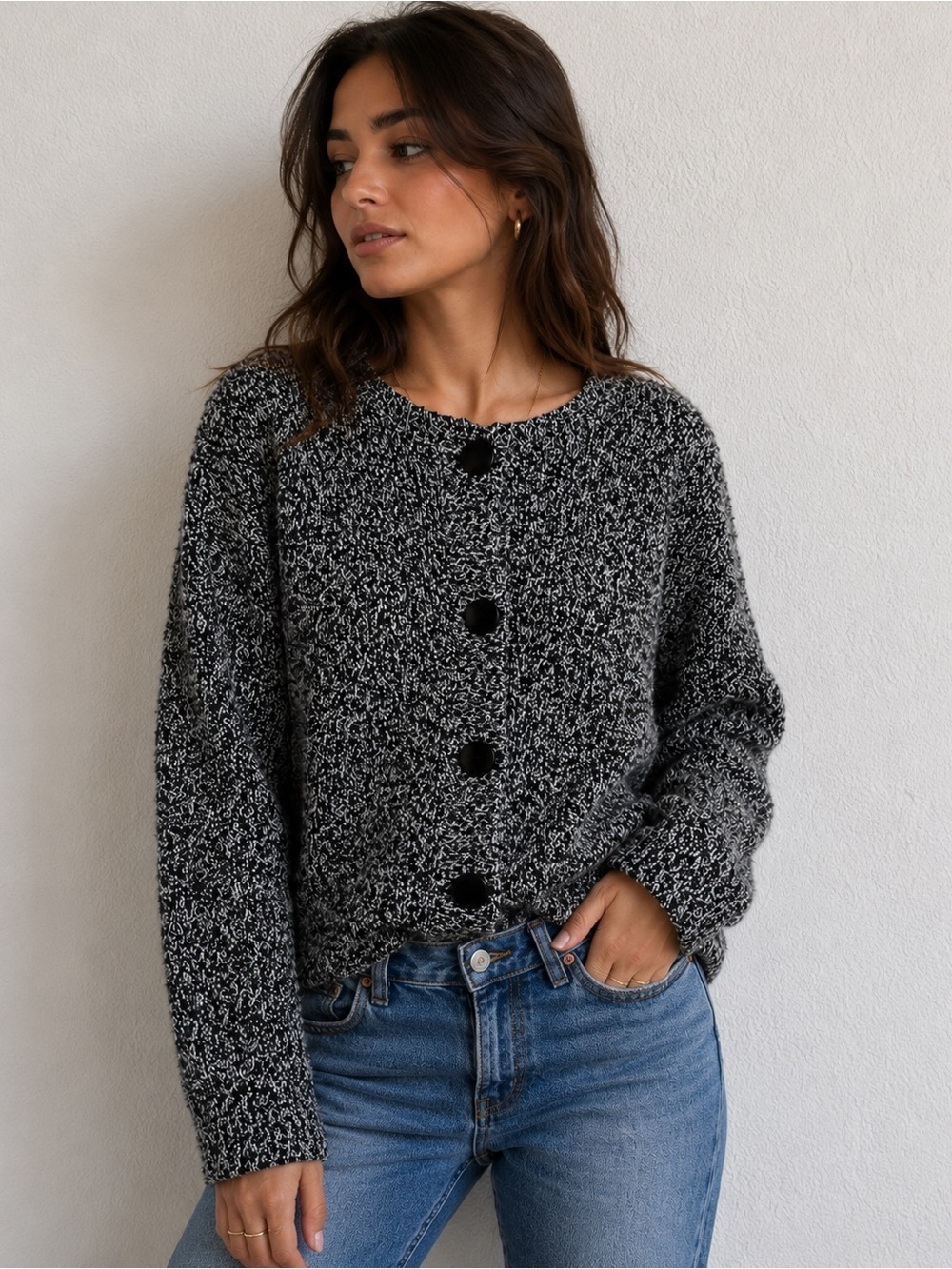 Vintage Its Pure Gould Marled Blue White Oversized Boxy Fit Cardigan Sweater